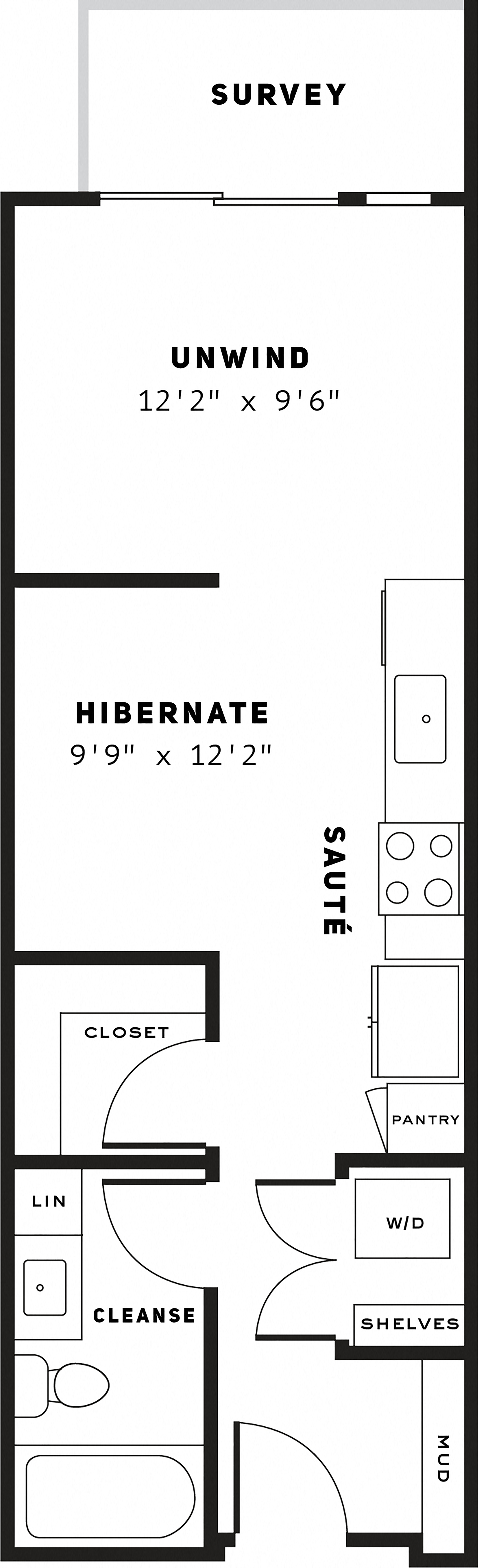 Floor plan for studio, 1 bath, 479 sqft